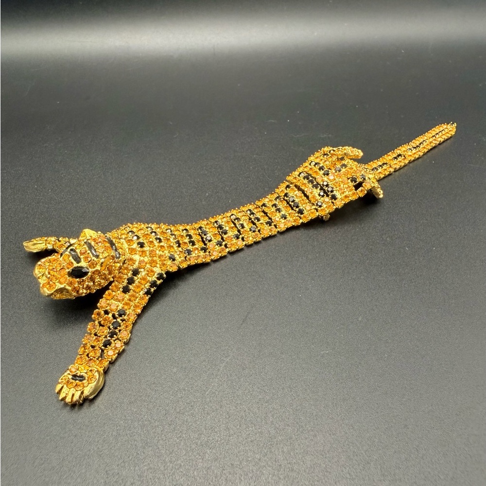 Vintage Panther Rhinestone Shoulder Brooch Articulated Leopard Pin Large
